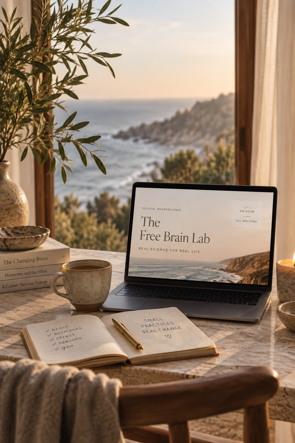 A laptop showing The Free Brain Lab on a sunlit desk by the sea