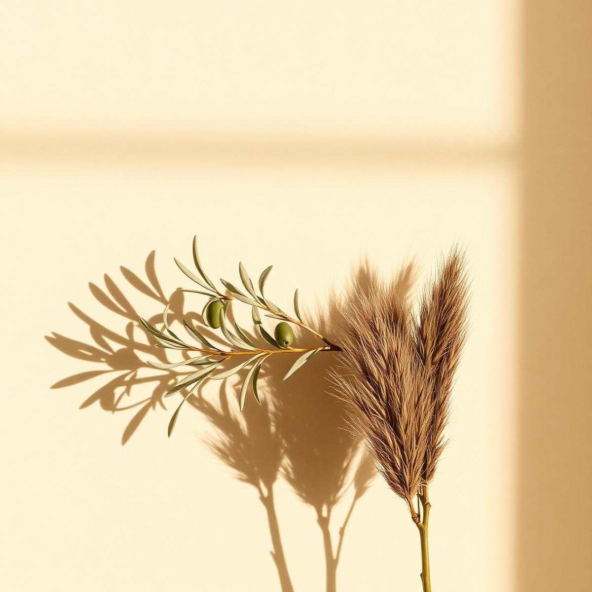 Olive branch shadow on a warm wall