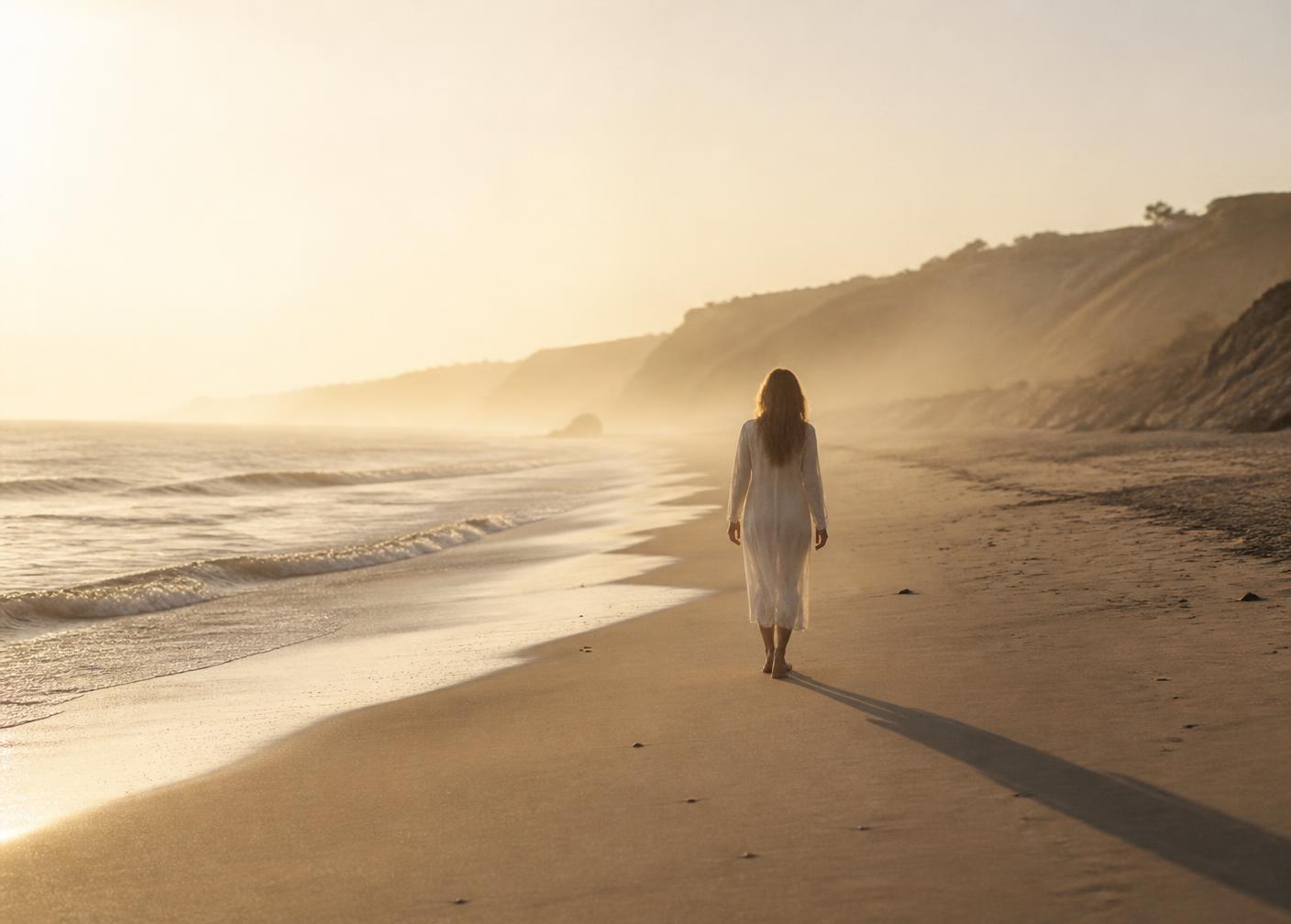 A woman walking along the shoreline at first light