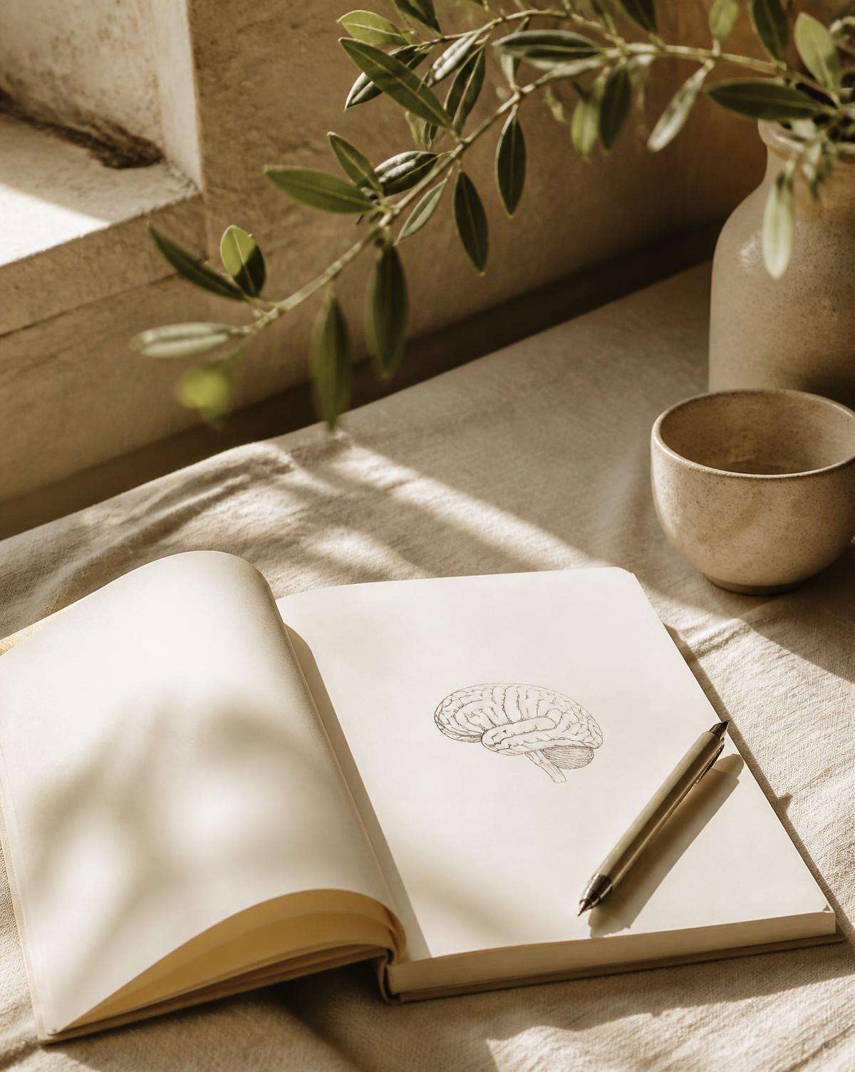 An open notepad with a fine brain sketch on a linen table in warm light