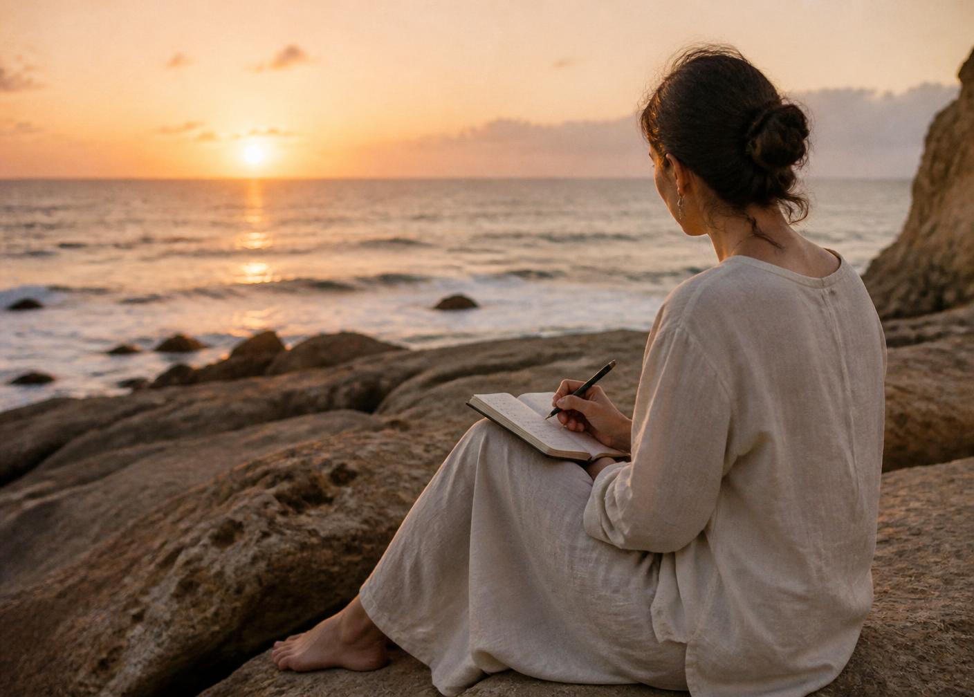 Morning light on the Portuguese coastline with a journal and coffee